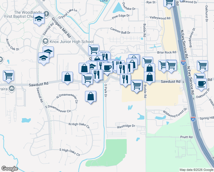map of restaurants, bars, coffee shops, grocery stores, and more near 1005 South Park in The Woodlands
