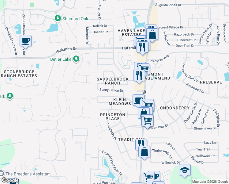 map of restaurants, bars, coffee shops, grocery stores, and more near 8643 Sunny Gallop Drive in Tomball