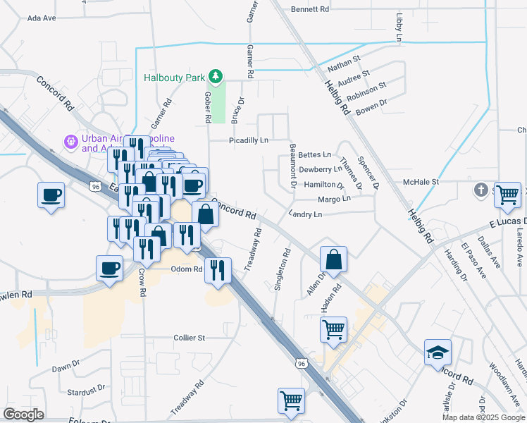 map of restaurants, bars, coffee shops, grocery stores, and more near 5520 Concord Road in Beaumont