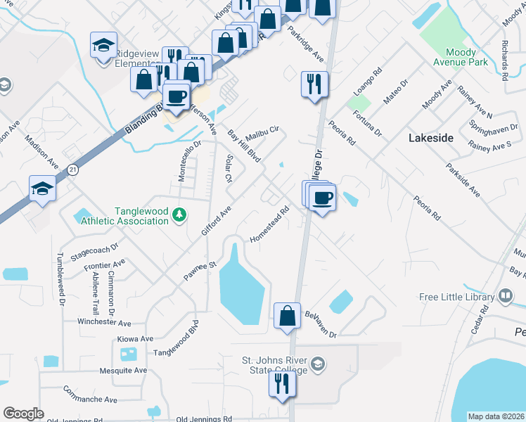 map of restaurants, bars, coffee shops, grocery stores, and more near 2830 Derringer Court in Orange Park