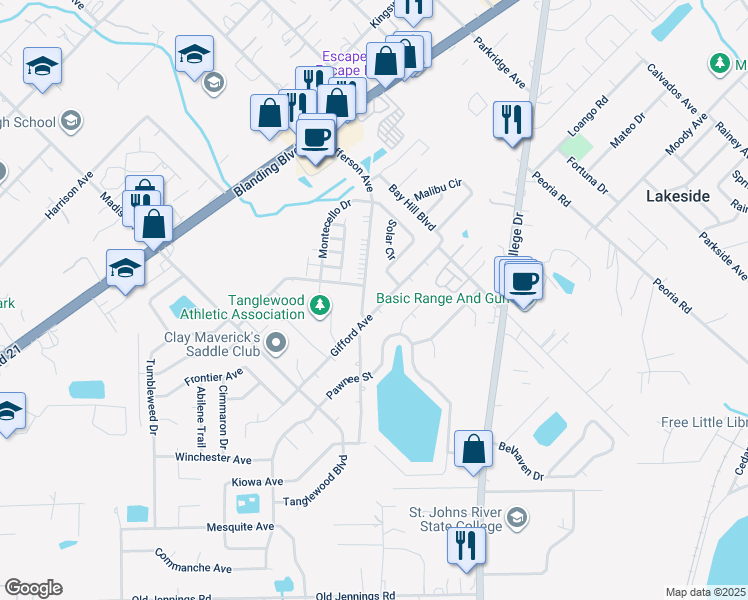 map of restaurants, bars, coffee shops, grocery stores, and more near 1454 Gifford Avenue in Orange Park