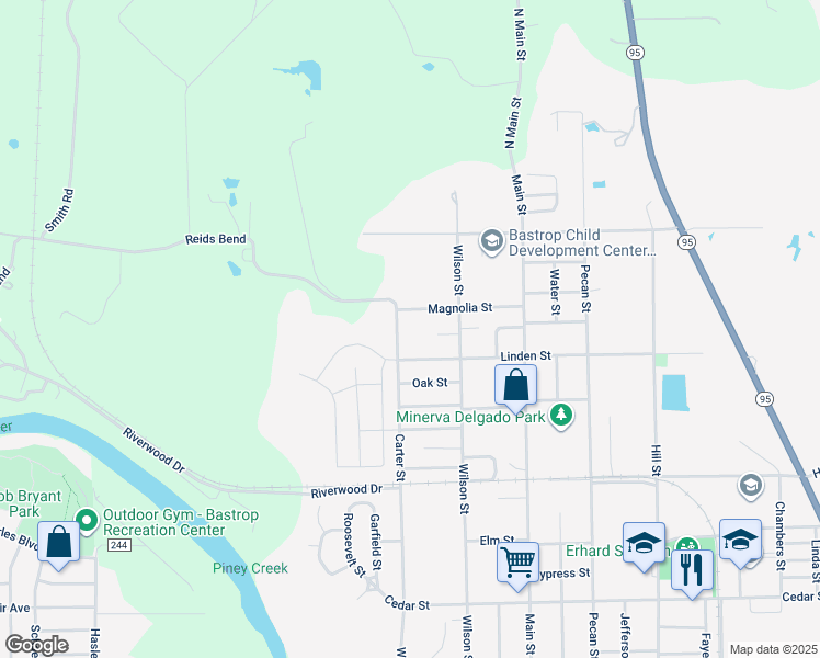 map of restaurants, bars, coffee shops, grocery stores, and more near 2109 Carter Street in Bastrop
