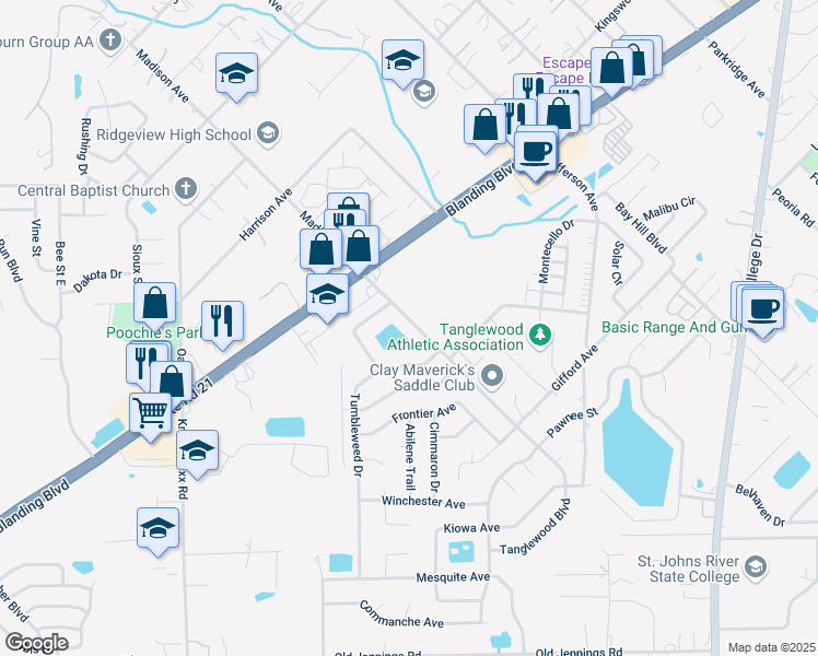 map of restaurants, bars, coffee shops, grocery stores, and more near 361 Tanglewood Boulevard in Orange Park