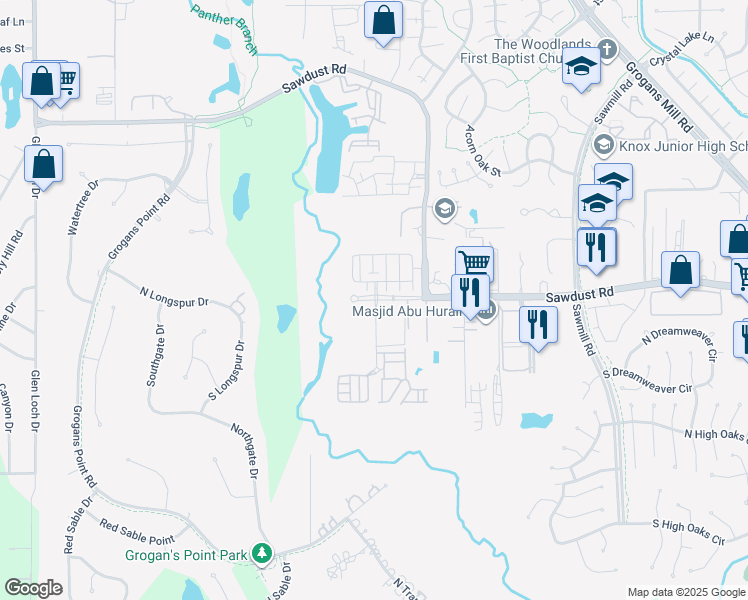 map of restaurants, bars, coffee shops, grocery stores, and more near 25120 Panther Bend Court in The Woodlands