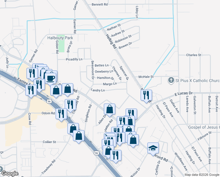 map of restaurants, bars, coffee shops, grocery stores, and more near 5334 Landry Lane in Beaumont