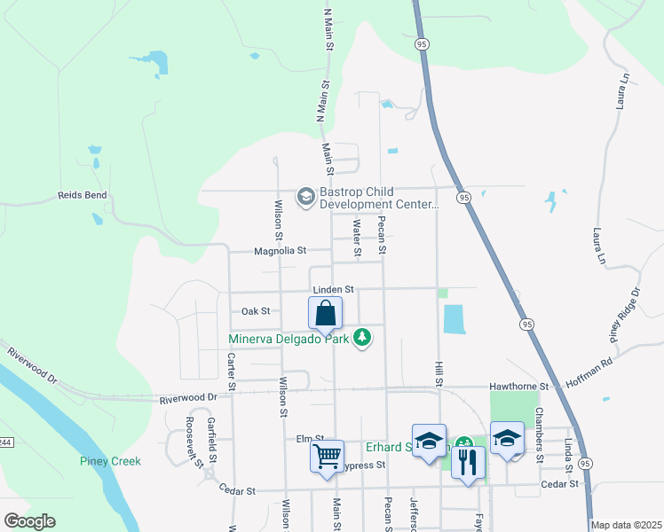 map of restaurants, bars, coffee shops, grocery stores, and more near 2119 Main Street in Bastrop