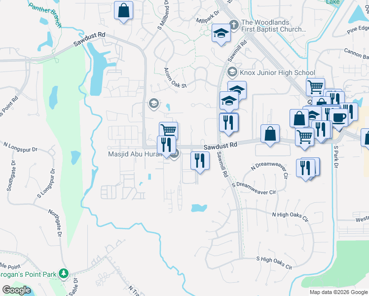 map of restaurants, bars, coffee shops, grocery stores, and more near 1587 Sawdust Road in Spring