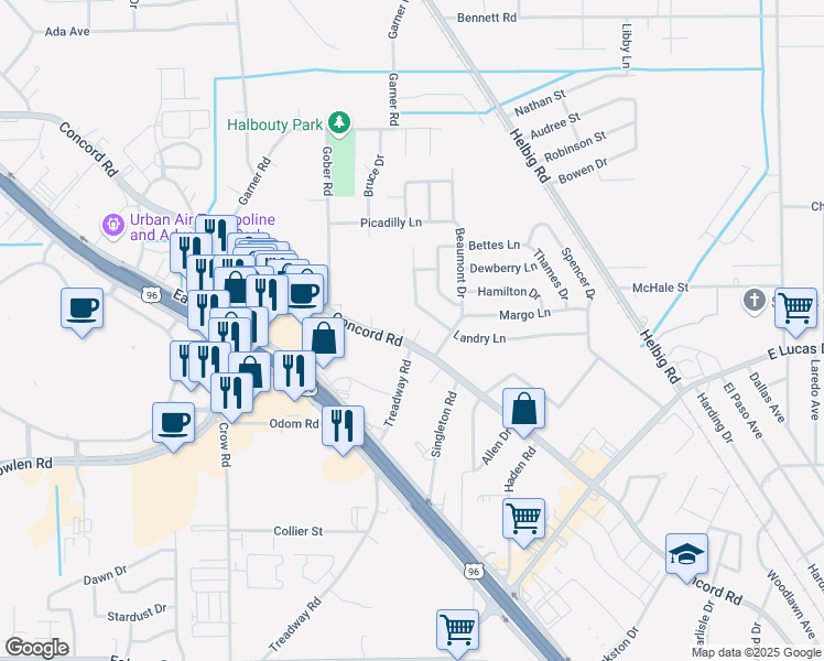 map of restaurants, bars, coffee shops, grocery stores, and more near 5520 Concord Road in Beaumont