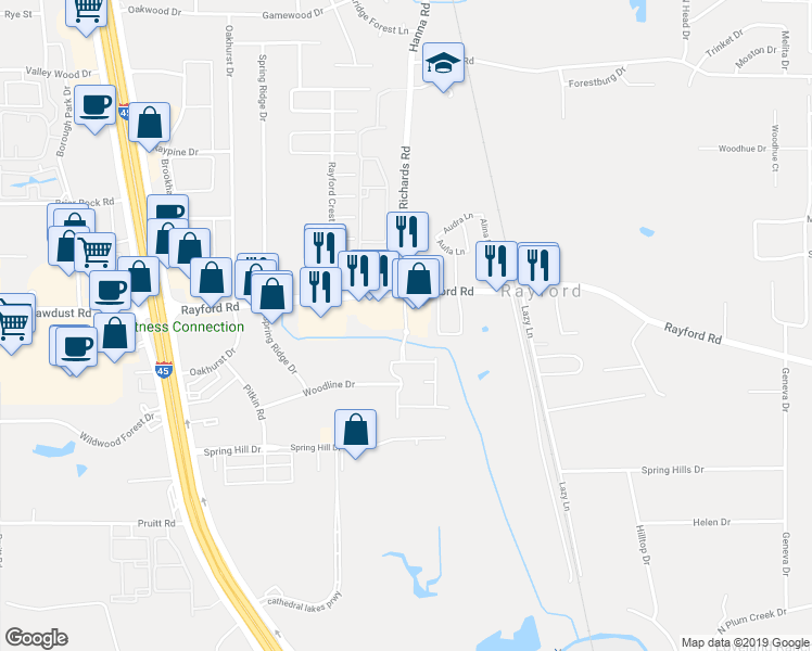 map of restaurants, bars, coffee shops, grocery stores, and more near 24013 Richard Road in Spring