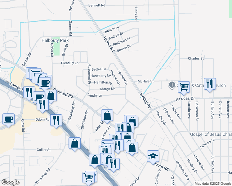 map of restaurants, bars, coffee shops, grocery stores, and more near 5260 Landry Lane in Beaumont