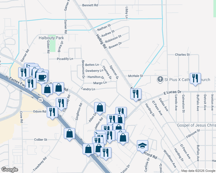 map of restaurants, bars, coffee shops, grocery stores, and more near 5255 Landry Lane in Beaumont