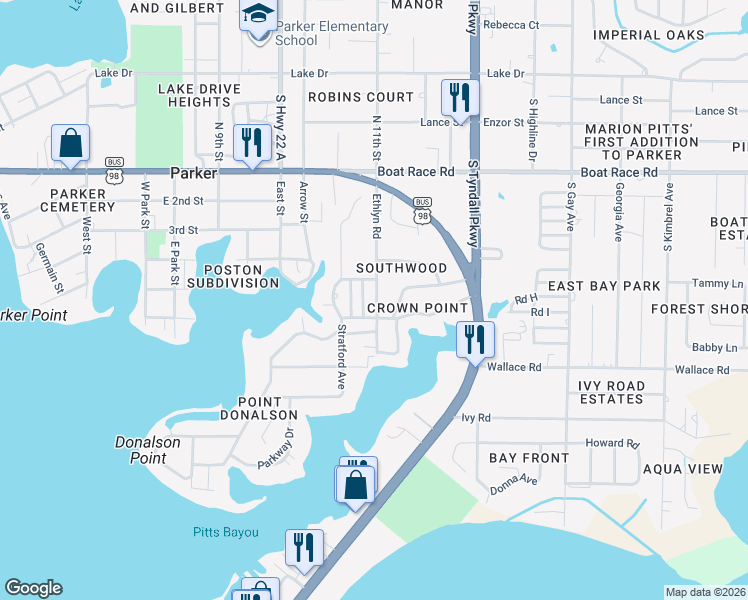 map of restaurants, bars, coffee shops, grocery stores, and more near 5127 Thornton Lane in Panama City