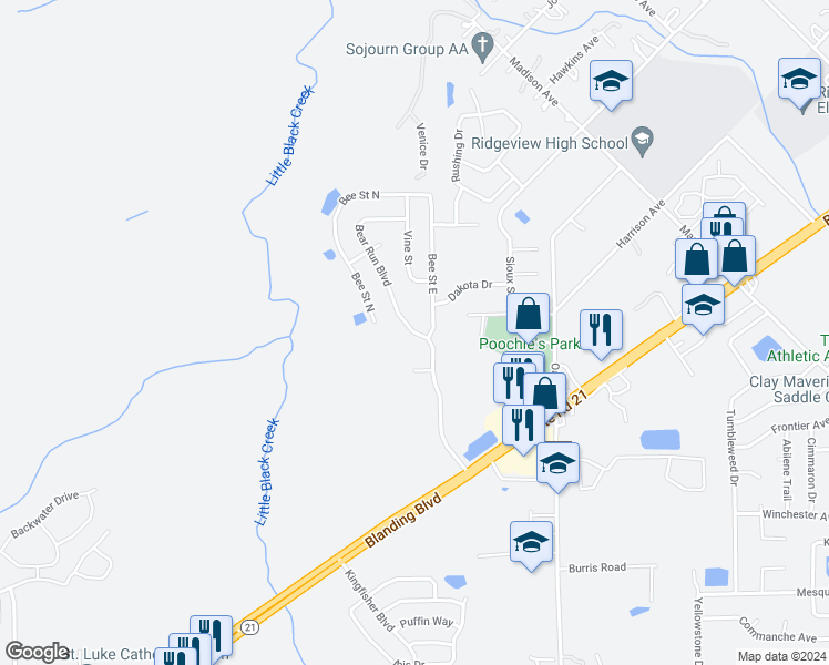 map of restaurants, bars, coffee shops, grocery stores, and more near 1343 Bear Run Boulevard in Orange Park