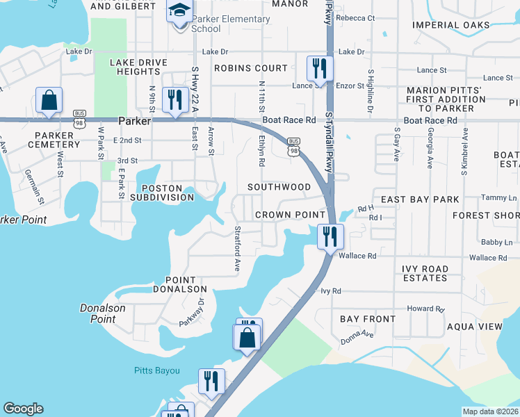 map of restaurants, bars, coffee shops, grocery stores, and more near 5127 Thornton Lane in Panama City