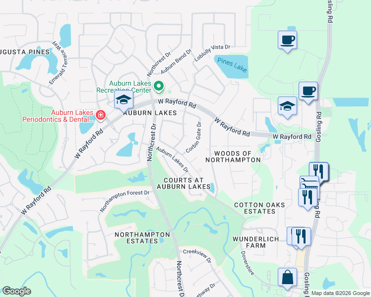 map of restaurants, bars, coffee shops, grocery stores, and more near 24806 Corbin Gate Drive in Spring