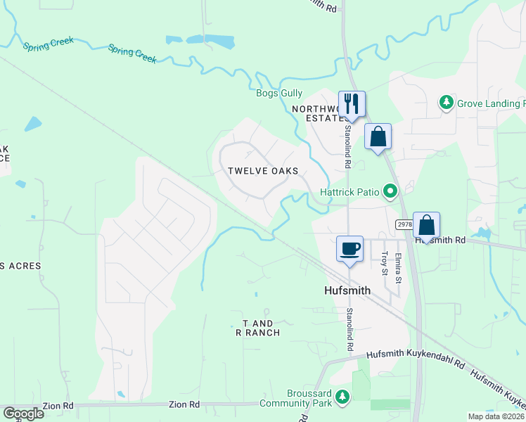 map of restaurants, bars, coffee shops, grocery stores, and more near 25010 Butler Hill Court in Tomball
