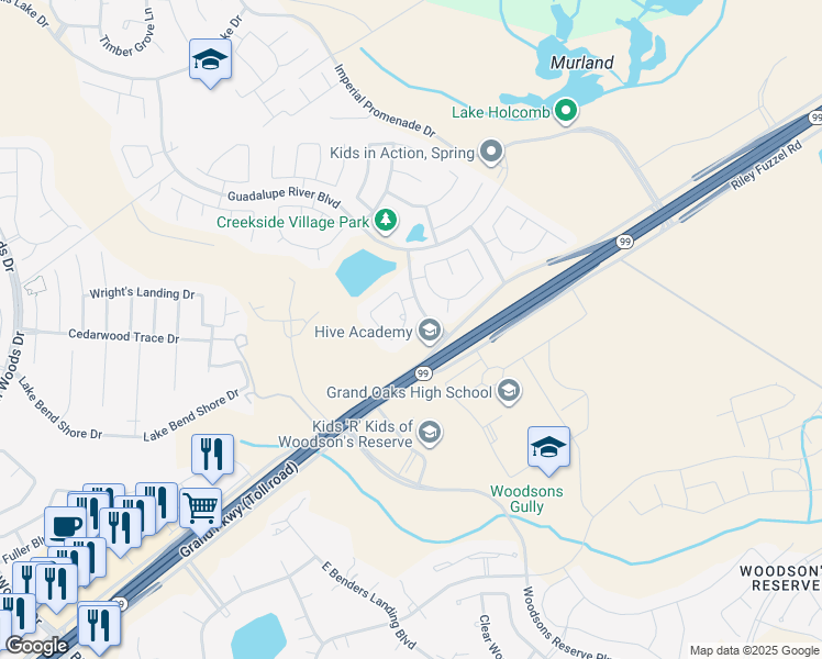 map of restaurants, bars, coffee shops, grocery stores, and more near 29022 San Bernard River Loop in Spring