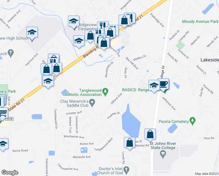 map of restaurants, bars, coffee shops, grocery stores, and more near 1338 Independence Drive in Orange Park