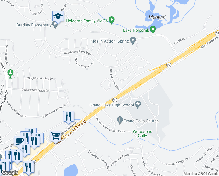 map of restaurants, bars, coffee shops, grocery stores, and more near 29022 San Bernard River Loop in Spring