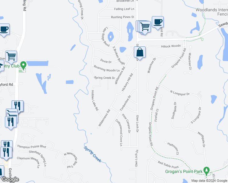 map of restaurants, bars, coffee shops, grocery stores, and more near 24707 Wilderness Road in Spring