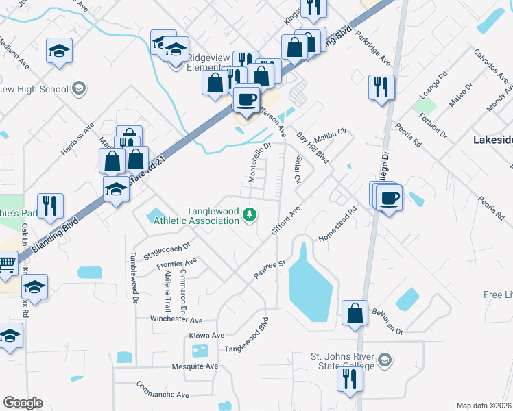 map of restaurants, bars, coffee shops, grocery stores, and more near 1338 Independence Drive in Orange Park