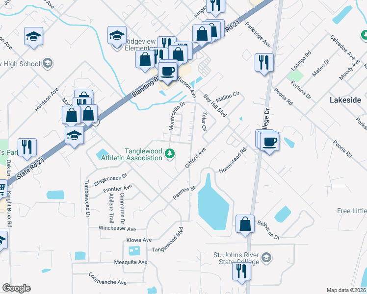 map of restaurants, bars, coffee shops, grocery stores, and more near 1338 Independence Drive in Orange Park
