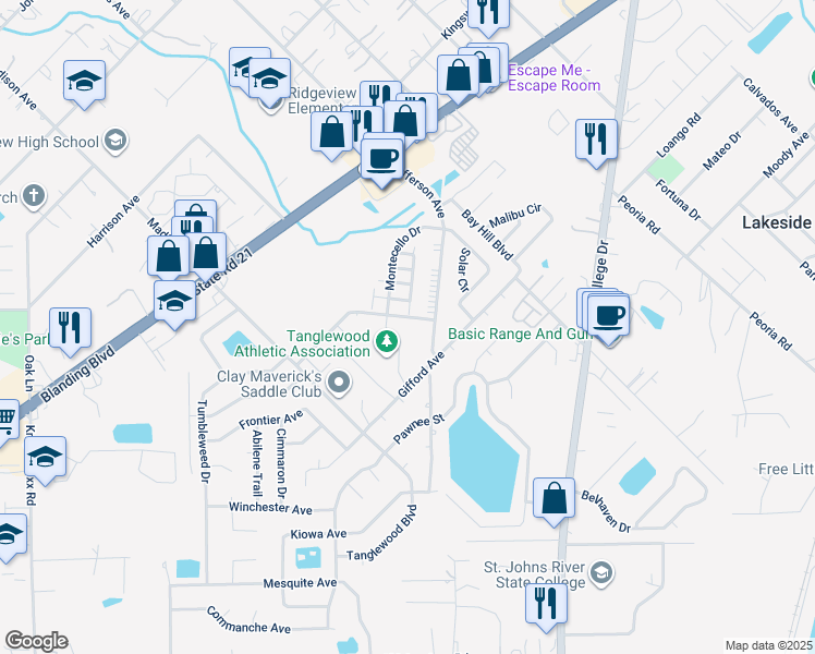 map of restaurants, bars, coffee shops, grocery stores, and more near 1338 Independence Drive in Orange Park