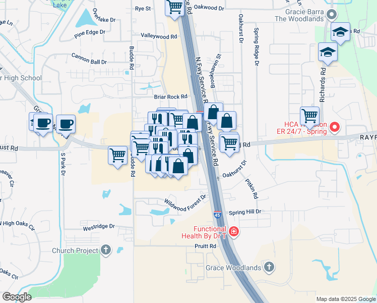 map of restaurants, bars, coffee shops, grocery stores, and more near 127 Sawdust Road in Spring
