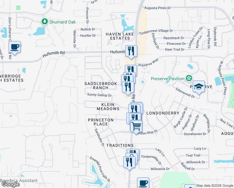 map of restaurants, bars, coffee shops, grocery stores, and more near 8607 Sunny Gallop Drive in Tomball