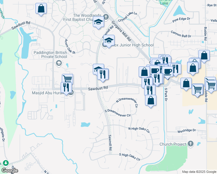 map of restaurants, bars, coffee shops, grocery stores, and more near 1481 Sawdust Road in Spring