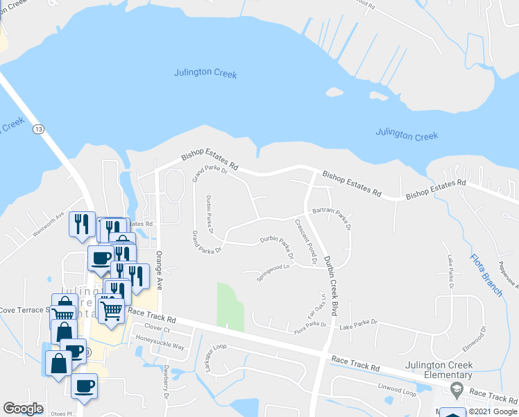 map of restaurants, bars, coffee shops, grocery stores, and more near 797 Grand Parke Drive in Jacksonville