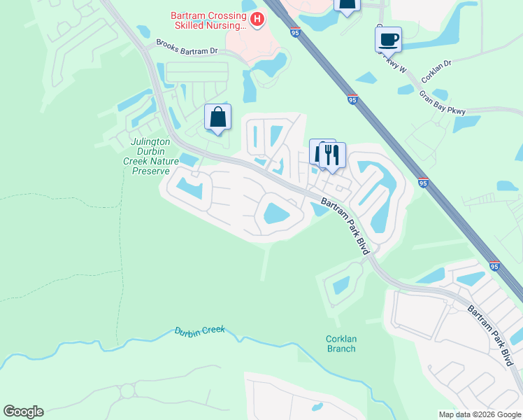 map of restaurants, bars, coffee shops, grocery stores, and more near 6554 White Blossom Circle in Jacksonville