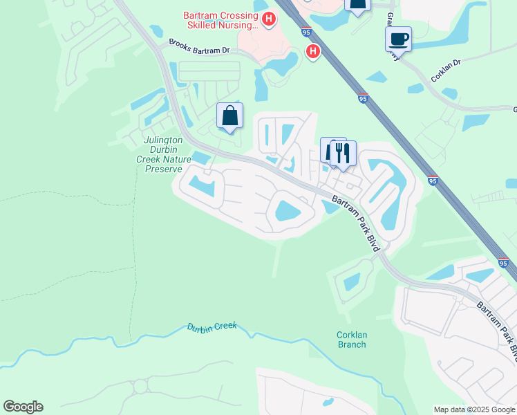 map of restaurants, bars, coffee shops, grocery stores, and more near 6618 Spring Flower Court in Jacksonville