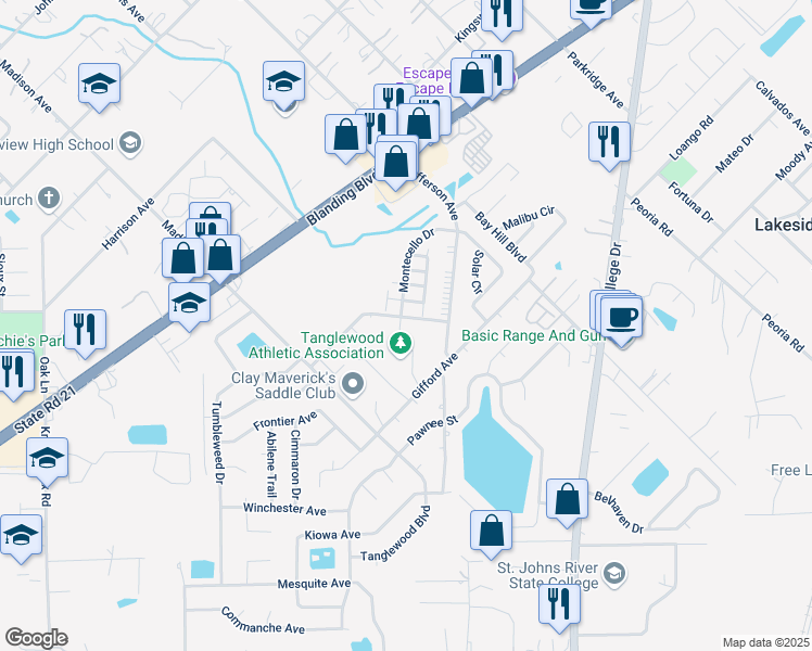 map of restaurants, bars, coffee shops, grocery stores, and more near 1338 Independence Drive in Orange Park
