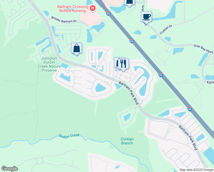 map of restaurants, bars, coffee shops, grocery stores, and more near 6744 White Blossom Circle in Jacksonville