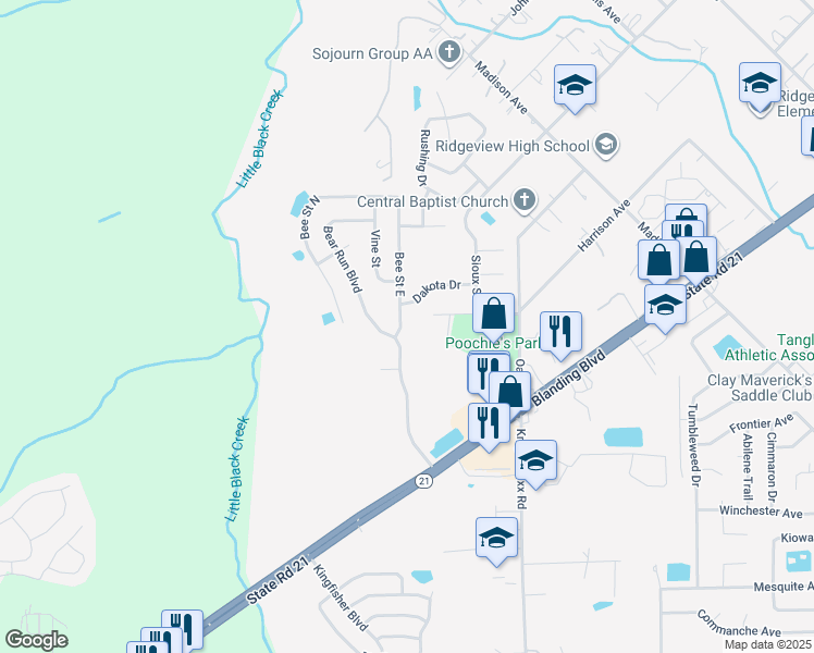 map of restaurants, bars, coffee shops, grocery stores, and more near 1350 Bear Run Boulevard in Orange Park