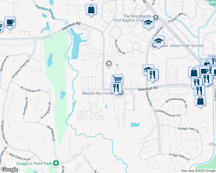 map of restaurants, bars, coffee shops, grocery stores, and more near 1802 Sawdust Road in The Woodlands