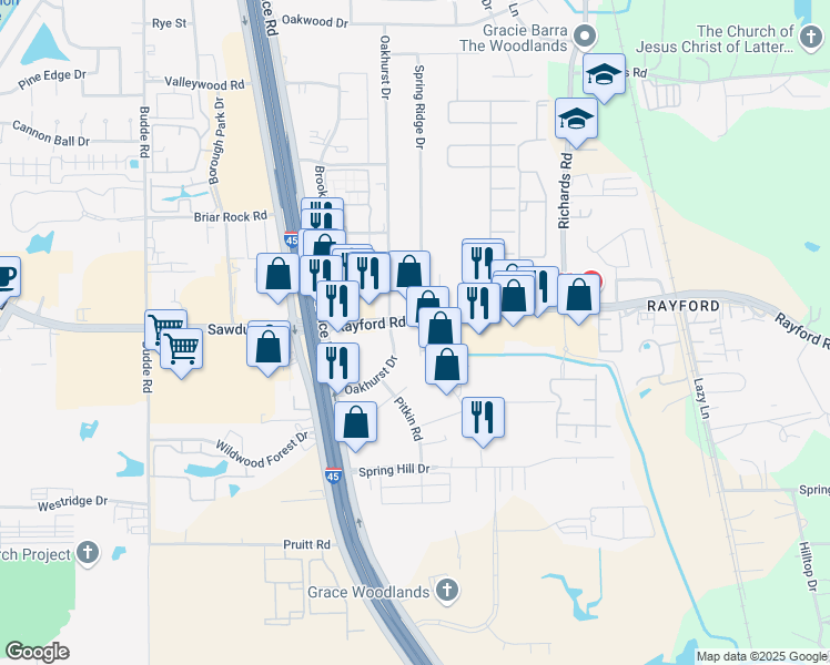 map of restaurants, bars, coffee shops, grocery stores, and more near 25021 Spring Ridge Drive in Spring