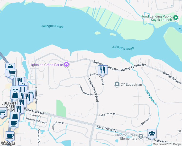 map of restaurants, bars, coffee shops, grocery stores, and more near 448 Crescent Pond Drive in Jacksonville