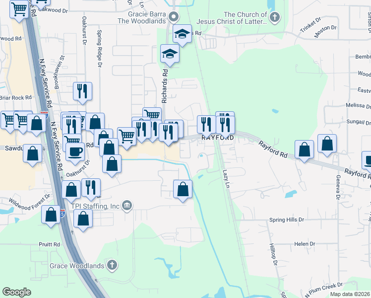 map of restaurants, bars, coffee shops, grocery stores, and more near 810 Rayford Road in Spring