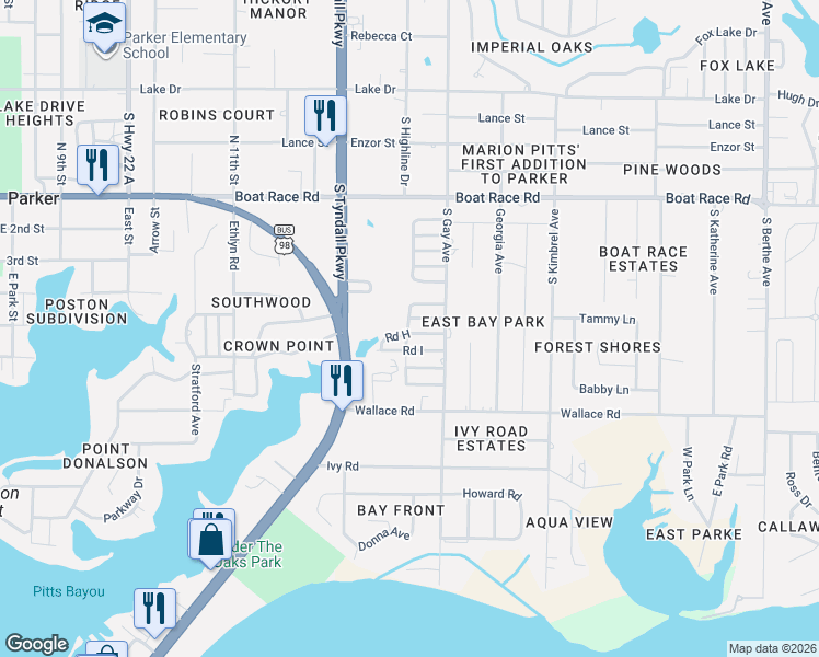 map of restaurants, bars, coffee shops, grocery stores, and more near 45 Road H in Callaway