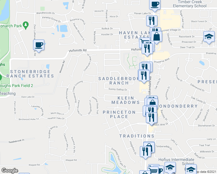 map of restaurants, bars, coffee shops, grocery stores, and more near 8738 Sunny Gallop Drive in Tomball