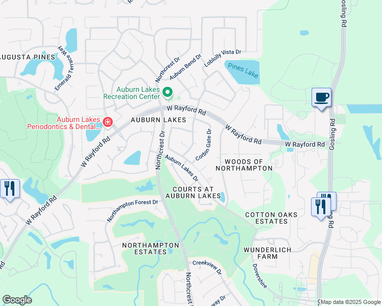 map of restaurants, bars, coffee shops, grocery stores, and more near 24806 Corbin Gate Drive in Spring
