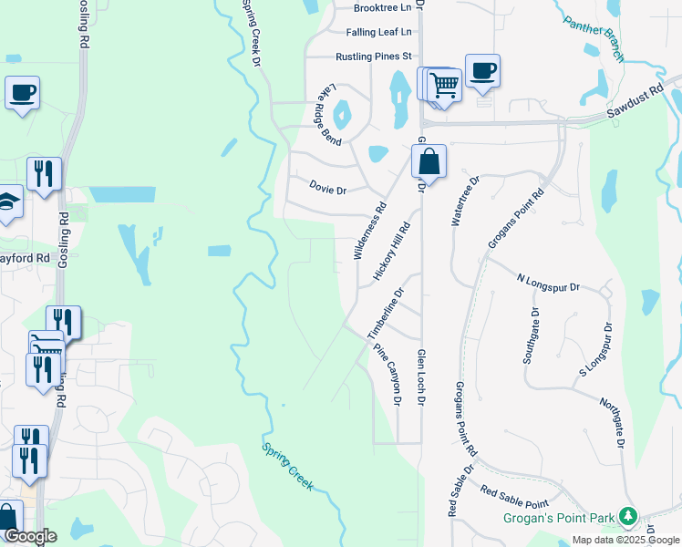 map of restaurants, bars, coffee shops, grocery stores, and more near 24710 Hunters Hollow Drive in Spring