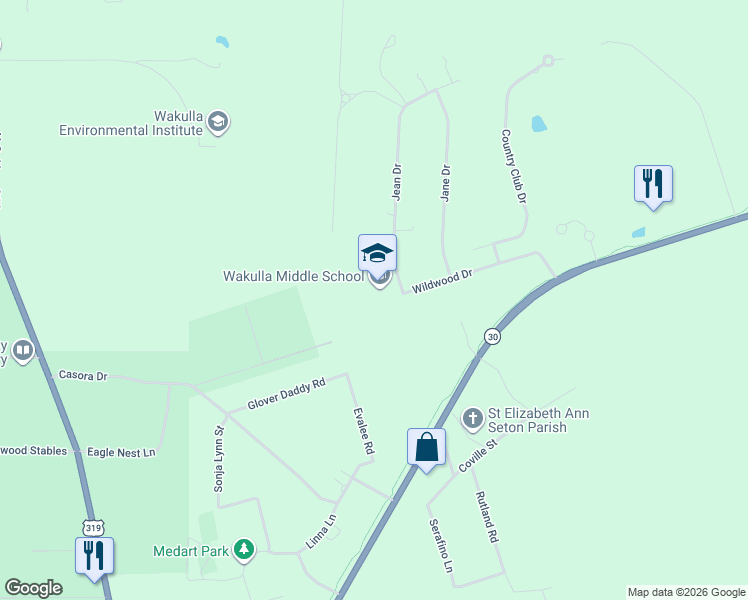 map of restaurants, bars, coffee shops, grocery stores, and more near 22 Jean Drive in Crawfordville