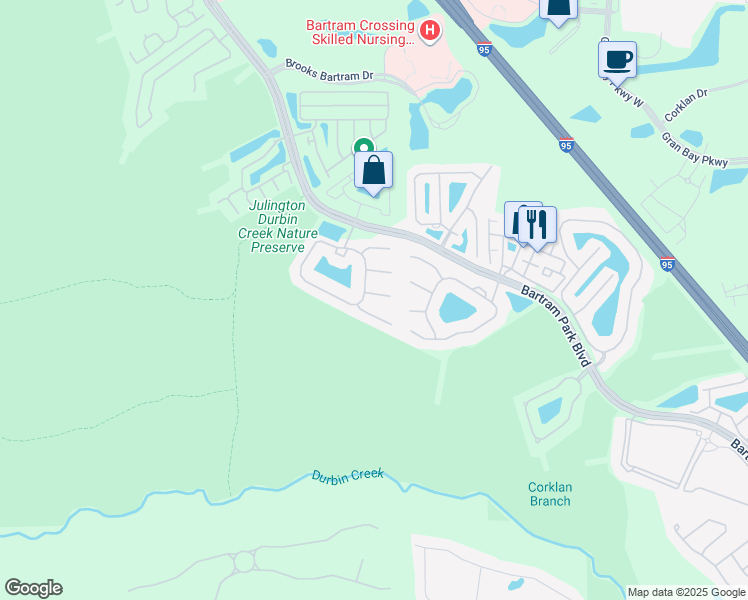 map of restaurants, bars, coffee shops, grocery stores, and more near 6482 Yellow Leaf Court in Jacksonville