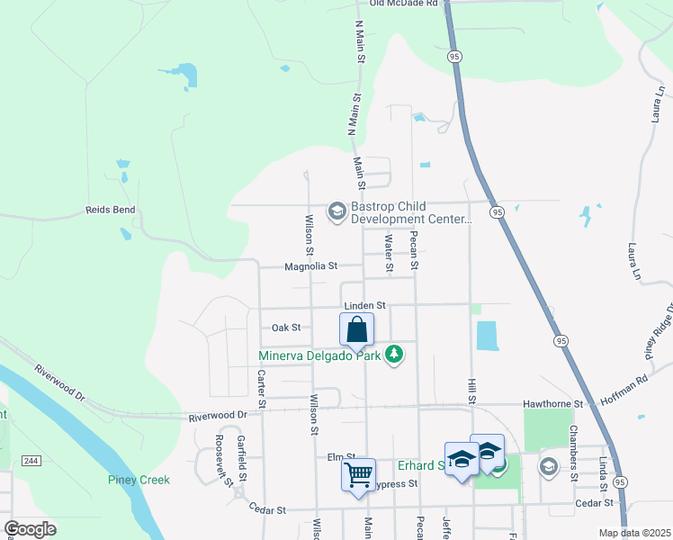 map of restaurants, bars, coffee shops, grocery stores, and more near 601 Magnolia Street in Bastrop