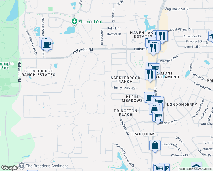 map of restaurants, bars, coffee shops, grocery stores, and more near 25113 Pinebrook Grove Lane in Tomball