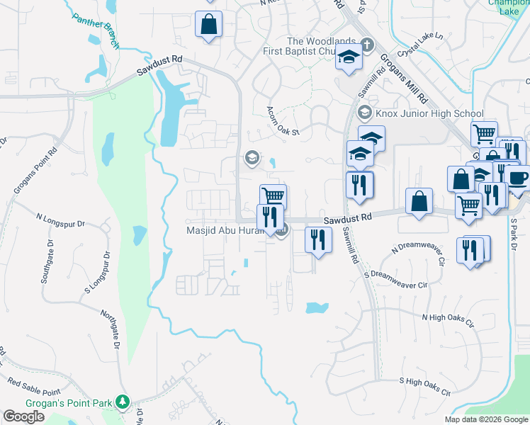 map of restaurants, bars, coffee shops, grocery stores, and more near Harper Lane in The Woodlands