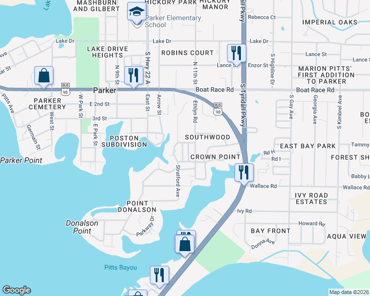 map of restaurants, bars, coffee shops, grocery stores, and more near 5127 Thornton Lane in Panama City
